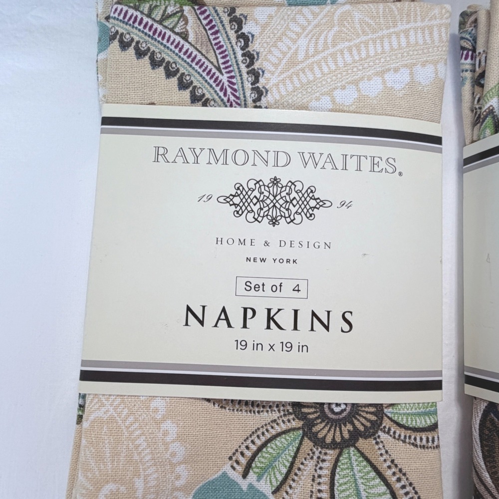 Raymond Waites Napkins Set of 8 19x19 Tan Blue Paisley 100% Cotton New Floral - Picture 3 of 7